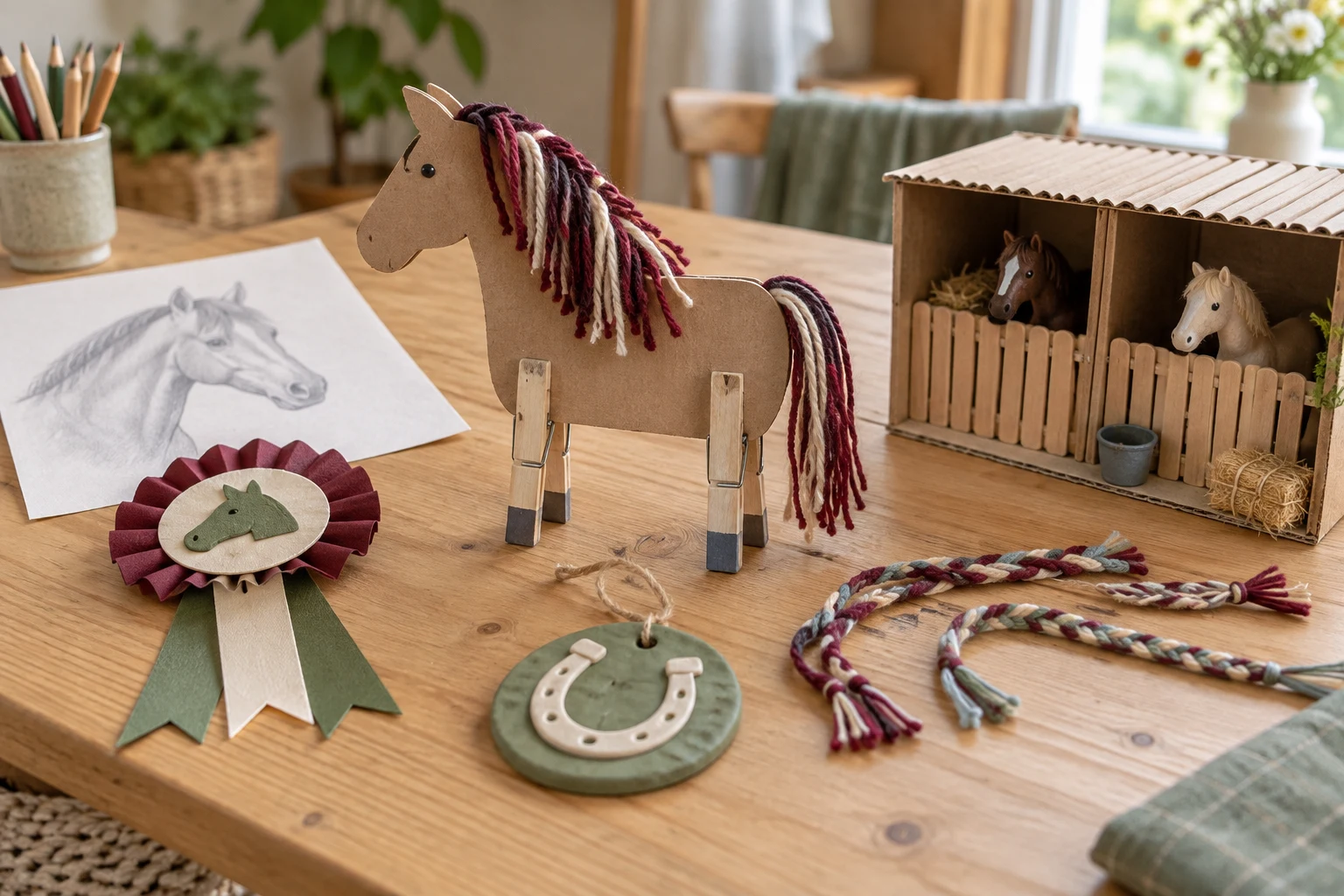 Cheval en carton à crinière de laine entouré d'une rosette, d'un dessin, d'un médaillon, de tresses et d'une écurie miniature.