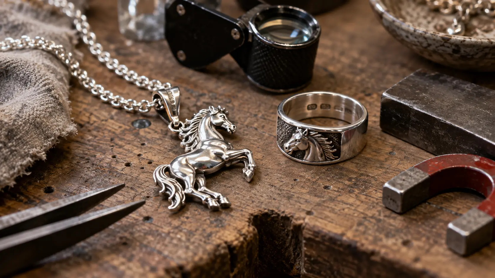 Bijoux en argent, loupe et aimant sur un établi