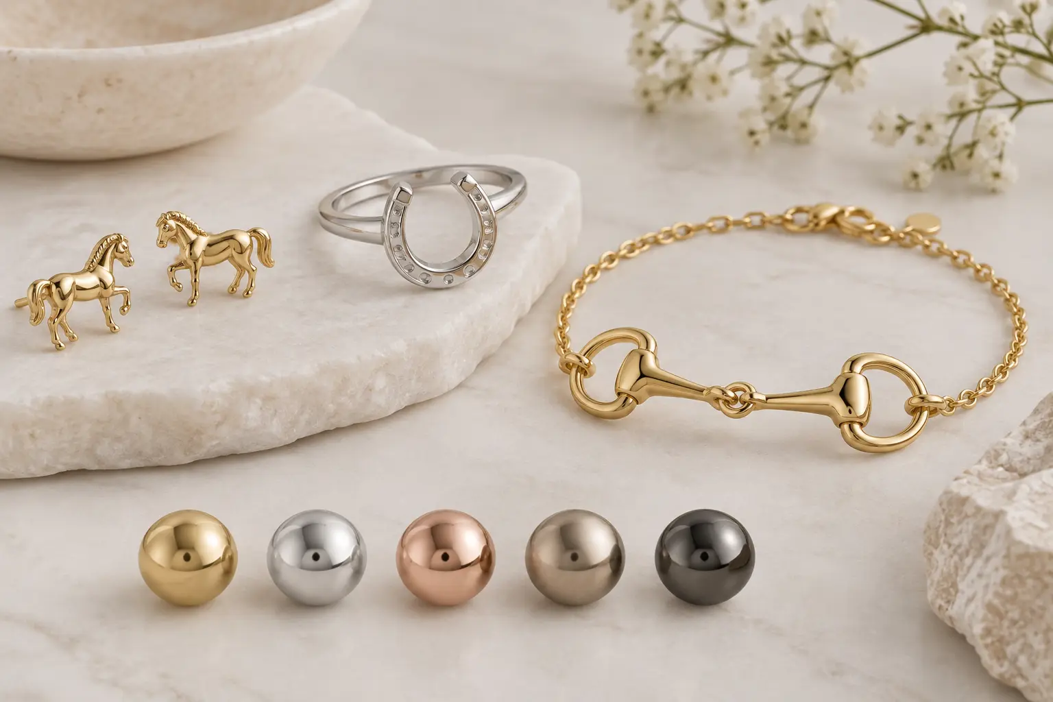 Bijoux équestres et échantillons de cinq finitions métalliques pour peau sensible