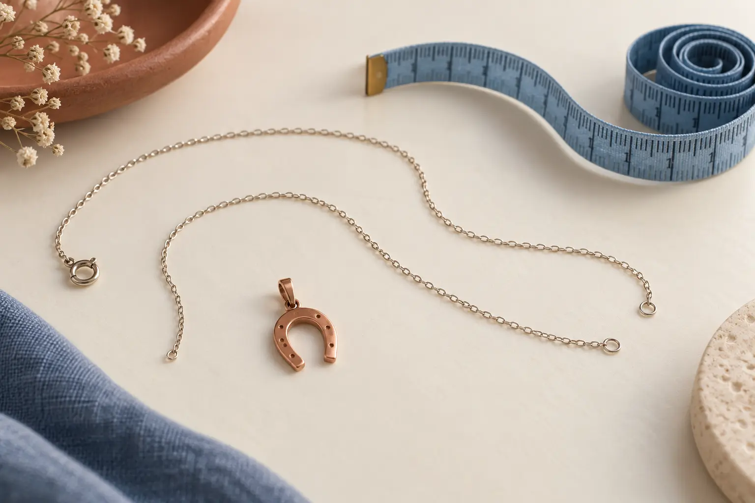 Chaîne ouverte, pendentif fer à cheval et mètre ruban posés séparément pour préparer une mesure.