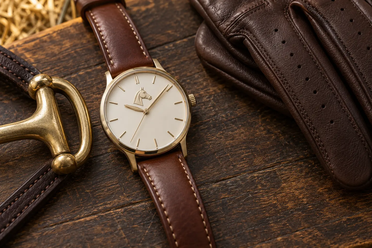Montre équestre féminine avec bracelet en cuir, gants et pièce de harnachement